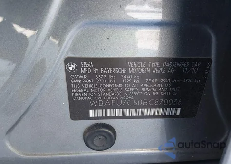 2011 BMW 535I xDrive z USA, uszkodzony, nr VIN WBAFU7C50BC870036